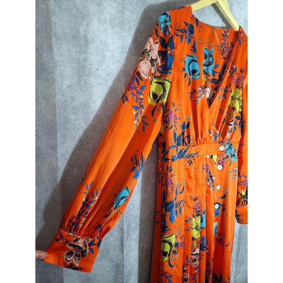 Free People Maxi Dress Sz L Orange Floral Wrap Bodice Side Button Front Boho - Picture 3 of 12